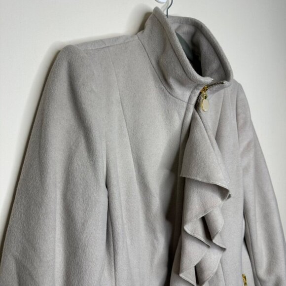 T TAHARI Light Gray Wool Blend Victorian Ruffle Front Mock Neck Pea Coat Size 12 - Picture 3 of 16